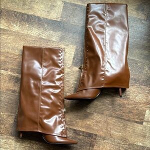 Elegant Brown Leather Women's Boots brown knee high boots with studded details